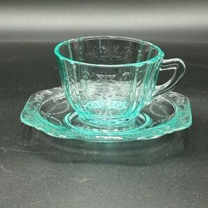 Vintage Indiana glass recollection teal blue cup and saucer